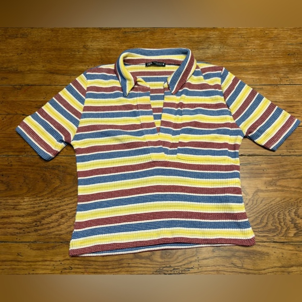 Y2k  Multi Color & Striped Streetwear Cropped  Collared‎ Knit T-Shirt S